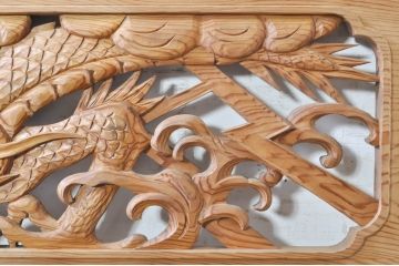 ビンテージ建具　杉(スギ)材　躍動感ある龍(竜)が見事な両面彫刻欄間2枚セット(明かり取り、明り取り、ヴィンテージ)(R-073857)