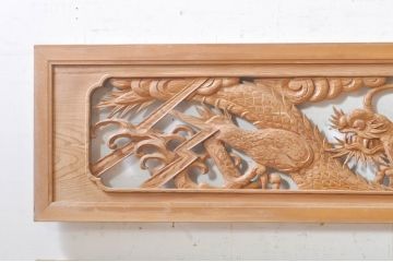 ビンテージ建具　杉(スギ)材　躍動感ある龍(竜)が見事な両面彫刻欄間2枚セット(明かり取り、明り取り、ヴィンテージ)(R-073857)