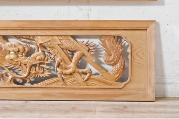 ビンテージ建具　杉(スギ)材　躍動感ある龍(竜)が見事な両面彫刻欄間2枚セット(明かり取り、明り取り、ヴィンテージ)(R-073857)