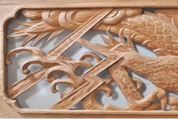 ビンテージ建具　杉(スギ)材　躍動感ある龍(竜)が見事な両面彫刻欄間2枚セット(明かり取り、明り取り、ヴィンテージ)(R-073857)