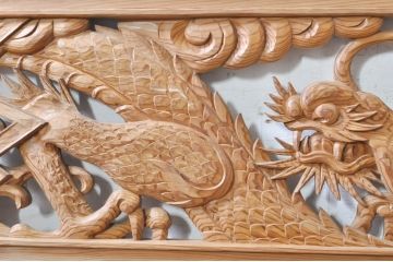 ビンテージ建具　杉(スギ)材　躍動感ある龍(竜)が見事な両面彫刻欄間2枚セット(明かり取り、明り取り、ヴィンテージ)(R-073857)