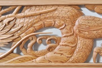ビンテージ建具　杉(スギ)材　躍動感ある龍(竜)が見事な両面彫刻欄間2枚セット(明かり取り、明り取り、ヴィンテージ)(R-073857)