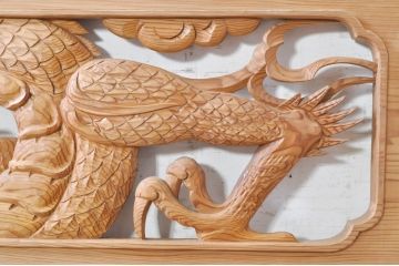 ビンテージ建具　杉(スギ)材　躍動感ある龍(竜)が見事な両面彫刻欄間2枚セット(明かり取り、明り取り、ヴィンテージ)(R-073857)