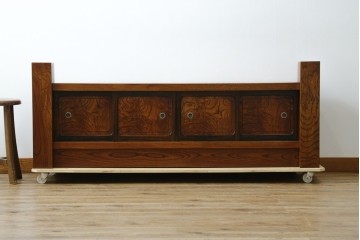 和製アンティーク　高級品!!　重厚　総欅材　黒柿引き戸框　漆塗り　存在感のある木目が目を惹く置き床　(R-073868)