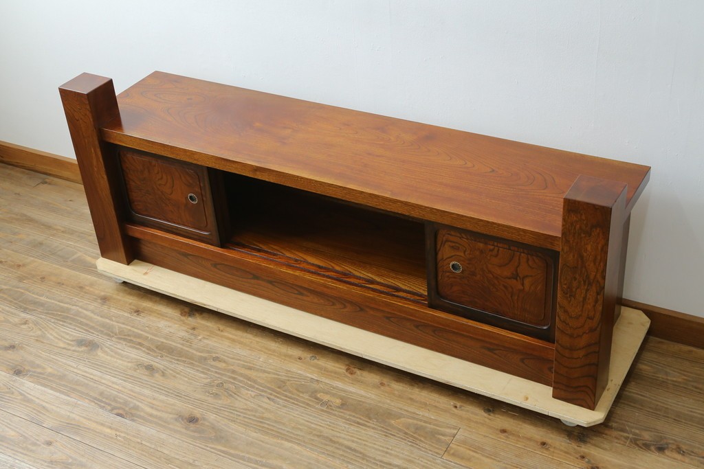 和製アンティーク　高級品!!　重厚　総欅材　黒柿引き戸框　漆塗り　存在感のある木目が目を惹く置き床　(R-073868)