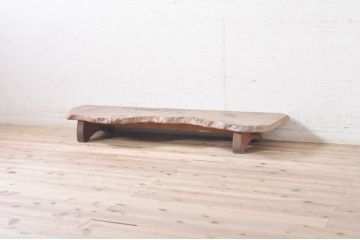 和製アンティーク　総欅(ケヤキ)材　天板玉杢　埋め木がユニークなローテーブル(テレビ台、飾り台)(R-073869)