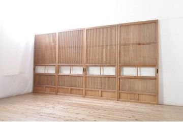 アンティーク建具　風情のある佇まいが魅力的な裏障子付き格子戸4枚セット(引き戸、障子戸、ガラス帯戸)(R-073885)