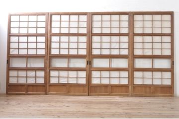 アンティーク建具　風情のある佇まいが魅力的な裏障子付き格子戸4枚セット(引き戸、障子戸、ガラス帯戸)(R-073885)
