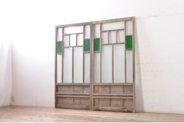 アンティーク建具　大正ロマンの雰囲気を演出する色ガラス入りガラス戸2枚セット(引き戸)(R-073886)