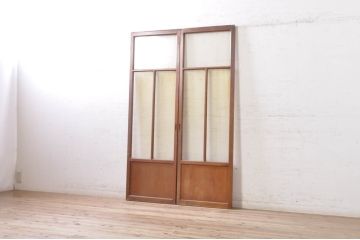 アンティーク建具　レトロな空間作りにおすすめなモールガラス入り幅狭ガラス戸2枚セット(引き戸)(R-073887)