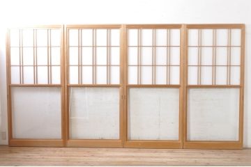 ビンテージ建具　和の空間づくりにおすすめの雪見障子戸4枚セット(引き戸、擦り上げ障子戸、擦上障子戸、ヴィンテージ)(R-073899)