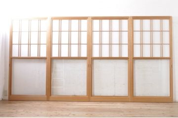 ビンテージ建具　和の空間づくりにおすすめの雪見障子戸4枚セット(引き戸、擦り上げ障子戸、擦上障子戸、ヴィンテージ)(R-073900)