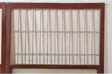 アンティーク建具　高級品!!　漆塗り　欅(ケヤキ)材　和モダンな空間づくりにおすすめ!デザインがおしゃれなガラス入り幅広障子戸2枚セット(引き戸、ガラス帯戸)(R-073902)