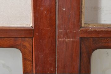 アンティーク建具　高級品!!　漆塗り　欅(ケヤキ)材　和モダンな空間づくりにおすすめ!デザインがおしゃれなガラス入り幅広障子戸2枚セット(引き戸、ガラス帯戸)(R-073902)