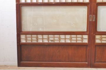 アンティーク建具　高級品!!　漆塗り　欅(ケヤキ)材　和モダンな空間づくりにおすすめ!デザインがおしゃれなガラス入り幅広障子戸2枚セット(引き戸、ガラス帯戸)(R-073903)