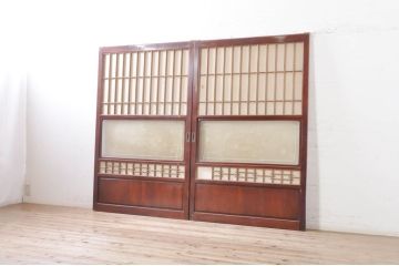アンティーク建具　高級品!!　漆塗り　欅(ケヤキ)材　和モダンな空間づくりにおすすめ!デザインがおしゃれなガラス入り幅広障子戸2枚セット(引き戸、ガラス帯戸)(R-073904)