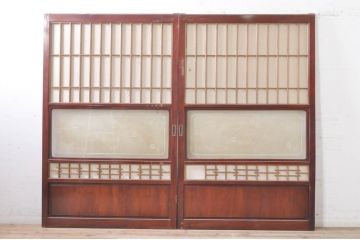 アンティーク建具　高級品!!　漆塗り　欅(ケヤキ)材　和モダンな空間づくりにおすすめ!デザインがおしゃれなガラス入り幅広障子戸2枚セット(引き戸、ガラス帯戸)(R-073904)