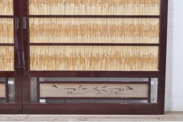 ビンテージ建具　最高級!!　石川県産　総漆塗り　透かし彫り入り　腰板の水鳥笹図が涼しげな和の空間を演出する幅広夏戸2枚セット(引き戸、簾戸、簀戸、葭戸、夏障子、御簾戸、すど、ヴィンテージ)(R-073906)
