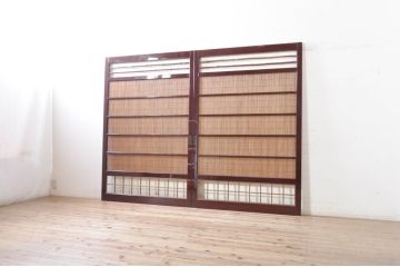 ビンテージ建具　最高級!!　石川県産　総漆塗り　涼しげな和の空間を演出する幅広葦戸2枚セット(引き戸、簾戸、簀戸、葭戸、夏障子、夏戸、御簾戸、すど、ヴィンテージ)(R-073908)