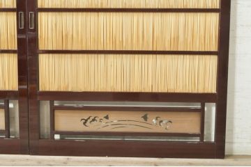 ビンテージ建具　最高級!!　石川県産　総漆塗り　透かし彫り入り　腰板波千鳥の幅広夏戸2枚セット(引き戸、簾戸、簀戸、葭戸、夏障子、御簾戸、ヴィンテージ)(R-073915)