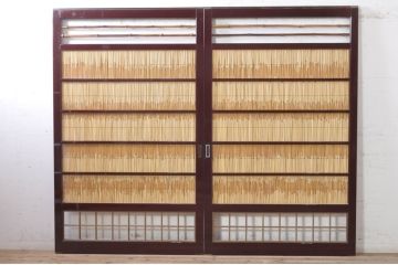 ビンテージ建具　最高級!!　石川県産　総漆塗り　涼しげな和の空間を演出する幅広葦戸2枚セット(引き戸、簾戸、簀戸、葭戸、夏障子、夏戸、御簾戸、すど、ヴィンテージ)(R-073919)