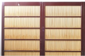 ビンテージ建具　最高級!!　石川県産　総漆塗り　透かし彫り入り　腰板の松竹梅が素敵な夏戸4枚セット(引き戸、簾戸、簀戸、葭戸、夏障子、御簾戸、すど、ヴィンテージ)(R-073921)