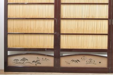 ビンテージ建具　最高級!!　石川県産　総漆塗り　透かし彫り入り　腰板の松竹梅が素敵な夏戸4枚セット(引き戸、簾戸、簀戸、葭戸、夏障子、御簾戸、すど、ヴィンテージ)(R-073921)