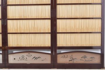 ビンテージ建具　最高級!!　石川県産　総漆塗り　透かし彫り入り　腰板の松竹梅が素敵な夏戸4枚セット(引き戸、簾戸、簀戸、葭戸、夏障子、御簾戸、すど、ヴィンテージ)(R-073921)