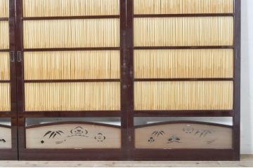 ビンテージ建具　最高級!!　石川県産　総漆塗り　透かし彫り入り　腰板の縁起の良い富士山と松竹梅が素敵な夏戸4枚セット(引き戸、簾戸、簀戸、葭戸、夏障子、御簾戸、すど、ヴィンテージ)(R-073922)