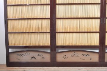 ビンテージ建具　最高級!!　石川県産　総漆塗り　透かし彫り入り　腰板の縁起の良い富士山と松竹梅が素敵な夏戸4枚セット(引き戸、簾戸、簀戸、葭戸、夏障子、御簾戸、すど、ヴィンテージ)(R-073922)