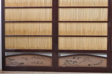 ビンテージ建具　最高級!!　石川県産　総漆塗り　透かし彫り入り　腰板の富士山が目を惹く夏戸4枚セット(引き戸、簾戸、簀戸、葭戸、夏障子、御簾戸、すど、ヴィンテージ)(R-073923)