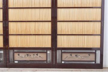 ビンテージ建具　最高級!!　石川県産　総漆塗り　透かし彫り入り　腰板の波千鳥が素敵な夏戸4枚セット(引き戸、簾戸、簀戸、葭戸、夏障子、御簾戸、すど、ヴィンテージ)(R-073924)