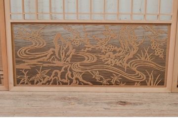 ビンテージ建具　珍しい透かし彫り入り　繊細な松竹梅デザインの意匠が素晴らしい書院戸4枚セット(引き戸、ガラス戸、窓、ヴィンテージ)(R-073948)
