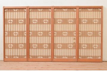 ビンテージ建具　組子のデザインがお洒落な障子付き書院戸4枚セット(障子戸、窓、引き戸、ヴィンテージ)(R-073949)
