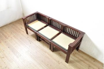 中古　遠野民芸家具　並べても分割しても使えるデザインが嬉しい畳ベンチ(長椅子、木製ベンチ、アームチェア、3人掛け)(R-074004)