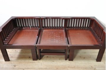 中古　遠野民芸家具　並べても分割しても使えるデザインが嬉しい畳ベンチ(長椅子、木製ベンチ、アームチェア、3人掛け)(R-074004)
