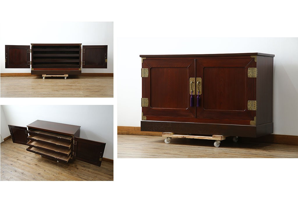 和製ヴィンテージ　美品!!　前面欅(ケヤキ)材　漆塗り　艶のある木の色味と美しい杢目が魅力的なローボード　(R-074018)