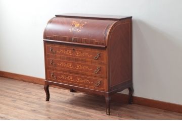 中古　美品　象嵌(マーケットリー)　珍しいシリンダートップのライティングビューロー(ワークデスク、簿記机、引き出し、在宅用、在宅ワーク用)(R-074029)