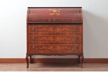 中古　美品　象嵌(マーケットリー)　珍しいシリンダートップのライティングビューロー(ワークデスク、簿記机、引き出し、在宅用、在宅ワーク用)(R-074029)