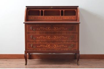 中古　美品　象嵌(マーケットリー)　珍しいシリンダートップのライティングビューロー(ワークデスク、簿記机、引き出し、在宅用、在宅ワーク用)(R-074029)