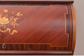 中古　美品　象嵌(マーケットリー)　珍しいシリンダートップのライティングビューロー(ワークデスク、簿記机、引き出し、在宅用、在宅ワーク用)(R-074029)