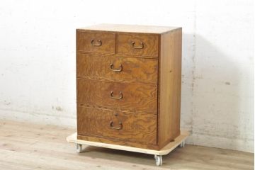 和製ビンテージ　高級品!!　指物工芸家具　前面タモ材　天板側面キハダ材　趣のある佇まいが魅力的な引き出し五杯の小引き出し(チェスト、和タンス、収納箪笥、整理箪笥、小物収納、卓上収納、ヴィンテージ)(R-074041)