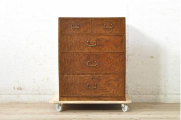 和製ビンテージ　高級品!!　指物工芸家具　前面タモ材　天板側面キハダ材　趣のある佇まいが魅力的な引き出し五杯の小引き出し(チェスト、和タンス、収納箪笥、整理箪笥、小物収納、卓上収納、ヴィンテージ)(R-074041)