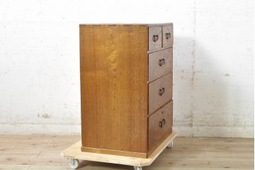 和製ビンテージ　高級品!!　指物工芸家具　前面タモ材　天板側面キハダ材　趣のある佇まいが魅力的な引き出し五杯の小引き出し(チェスト、和タンス、収納箪笥、整理箪笥、小物収納、卓上収納、ヴィンテージ)(R-074041)