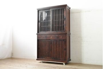中古　民芸家具　和光　NEW北樹　水屋115K　上質な和の空間を演出する二段重ね水屋箪笥(食器棚、茶箪笥、重ねタンス、キャビネット、収納棚、戸棚、店舗什器)(R-074071)