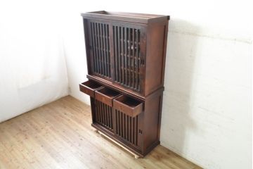 中古　民芸家具　和光　NEW北樹　水屋115K　上質な和の空間を演出する二段重ね水屋箪笥(食器棚、茶箪笥、重ねタンス、キャビネット、収納棚、戸棚、店舗什器)(R-074071)