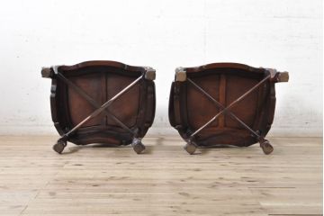 和製ビンテージ　螺鈿(ラデン)細工　象嵌入り　凝ったデザインが目を惹くアームチェア2脚セット(ラウンジチェア、ダイニングチェア、板座チェア、椅子、イス、ヴィンテージ)(R-074072)