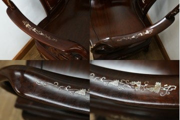 和製ヴィンテージ　螺鈿(ラデン)細工　象嵌入り　凝ったデザインが目を惹くアームチェア2脚セット　(R-074072)