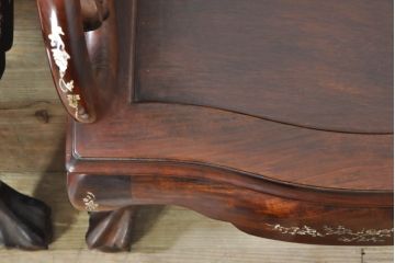 和製ビンテージ　螺鈿(ラデン)細工　象嵌入り　凝ったデザインが目を惹くアームチェア2脚セット(ラウンジチェア、ダイニングチェア、板座チェア、椅子、イス、ヴィンテージ)(R-074073)