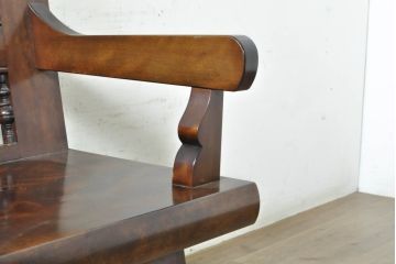 和製ビンテージ　激レア!　九州民芸家具　背もたれのデザインが目を惹くスピンドルベンチ(長椅子、木製ベンチ、板座チェア、3人掛け、三人掛け、ヴィンテージ)(R-074074)